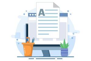 Concept Writing online text document content on desktop computer or creating essay or book on PC, writing script or editing web text file, reading blog article ideas. Design illustration. vector