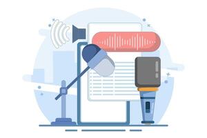 speech to text concept. Speech recognition, speech scanning, voice to text, speech recognition service. User recognizes voice and translates to text with speaker. Flat design illustration. vector