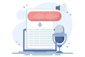 speech to text concept. Speech recognition, speech scanning, voice to text, speech recognition service. User recognizes voice and translates to text with speaker. Flat Illustration. vector
