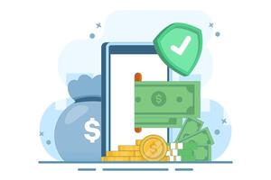 Online Transaction Concept. Mobile payment and online payment via mobile phone. Secure transaction and secure payment. Payment card security. Mobile financial transfer. Flat illustration. vector