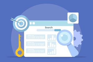 SEO Tools Concept, keyword research tool, competitor SEO analysis, SEO software that monitors website performance, flat design illustration with icons. vector