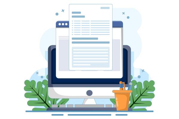 Concept Writing online text document content on desktop computer or creating essay or book on PC, writing script or editing web text file, reading blog article idea. flat cartoon illustration.