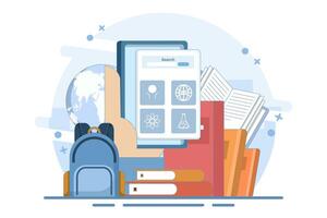 Online education concept, Laptop with world map, graduation cap and books, Internet education, online training and courses. Computer presentation, university. Distance education e-learning university. vector