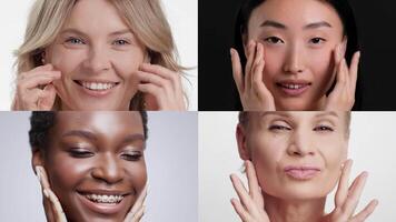 Four women of different backgrounds engage in their skincare routines, showcasing diverse beauty practices and pampering moments. Each demonstrates joy and self-care through touch and expressions. video