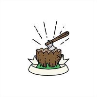 scroll banner with tattoo style axe in tree stump creative drawing video