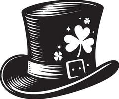 A black and white illustration of a top hat with a shamrock vector