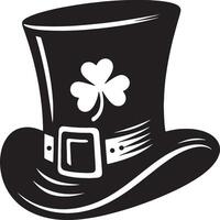 A black and white illustration of a top hat with a shamrock vector