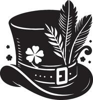 A black and white illustration of a hat with a feather and shamrock vector