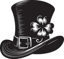 A black and white illustration of a top hat with a clover vector