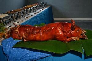 a pig is on a table with a bunch of food photo