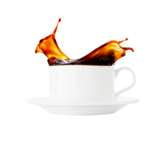 Coffee splash in a white cup on transparent background png