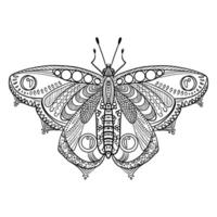 Intricate butterfly illustration with detailed patterning. Black and white outline drawing for coloring pages and designs vector
