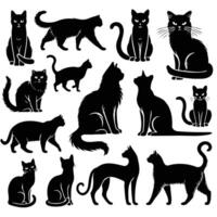 Outline drawing, Collection of black cats silhouettes isolated on white background. Big set of cats. Black and white, animal pattern vector