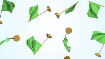 Table Flags Falling on a Light Blue Background. Desk Flags 3D Animation. 4K video