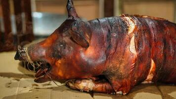 a pig is sitting on a table with its head cut off photo