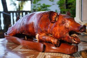 a pig is sitting on a table with a knife photo