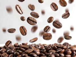 Coffee beans floating with white background photo