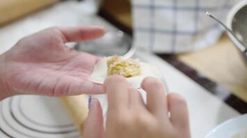 Close-up of hands carefully folding gyoza dough with precision showcasing the delicate art of making Japanese dumplings, set in a cozy kitchen with tools like a rolling pin and bowl in the background video