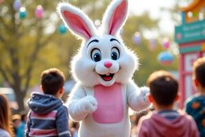 a large white bunny mascot is standing in front of a crowd photo