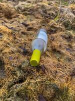 Empty bottle with yellow cap lying on dry grass in a natural outdoor setting. High quality photo