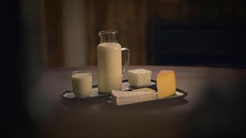 A beautiful presentation of Milk, Cheese, and various Dairy Products placed on a Rustic Tray video