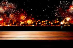Wooden table with fireworks and cityscape bokeh background. photo