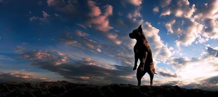 dog silhouette on sunset sky background, panoramic image. photo