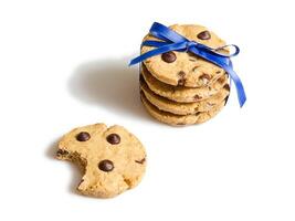 Closeup of chocolate chip cookies isolated on white background photo