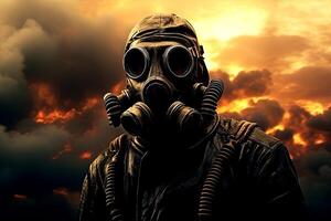 Man in gas mask on background of sky with clouds. photo