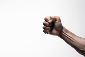 A fist is shown in front of a white background photo
