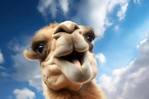 A camel with its mouth open and its eyes wide open photo