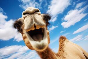 A close up of a camel with its mouth open photo