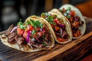 Delicious smoked meat tacos served on wooden platter, topped with fresh salsa, onions, and cilantro, showcasing vibrant colors and textures photo