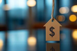 price tag shaped like house with dollar sign, symbolizing real estate value and investment opportunities. blurred background adds warm ambiance photo