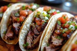 Delicious smoked meat tacos topped with fresh salsa and herbs, served in soft tortillas. perfect dish for food lovers seeking rich flavors and vibrant colors photo