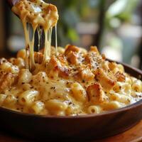 Creamy macaroni and cheese with grilled chicken, topped with black pepper. This delicious dish is perfect for comfort food lovers photo