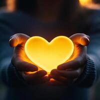 person holding glowing heart shaped object in their hands, symbolizing love and warmth. soft light creates serene atmosphere, evoking feelings of compassion and connection photo