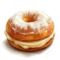 Delicious glazed donut with creamy filling, showcasing soft texture and sweet glaze, perfect for dessert lovers photo