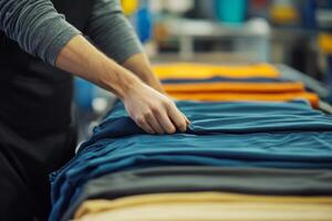 Folding clothes in dry cleaning facility, showcasing organized garments. focus is on hands carefully arranging fabric, highlighting attention to detail and professionalism photo
