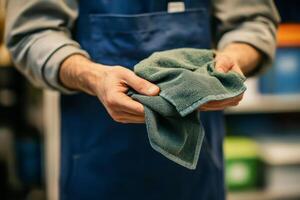 person holding green cloth in professional setting, showcasing attention to detail and care in their work. image conveys sense of cleanliness and professionalism photo