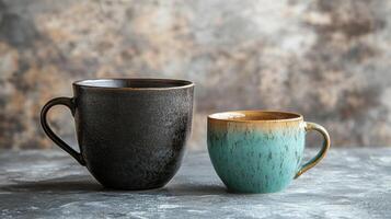 Large and small ceramic cups on textured surface, showcasing contrasting colors and styles. Perfect for coffee or tea lovers, adding charm to any table setting photo