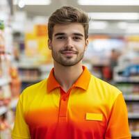 Young man wearing bright orange and yellow uniform stands in supermarket aisle, smiling confidently. vibrant colors of his shirt reflect cheerful atmosphere photo