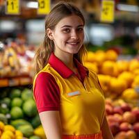supermarket assistant smiles in vibrant produce section, showcasing fresh fruits and vegetables. colorful uniform adds to lively atmosphere of store photo