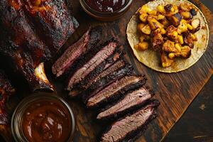 Delicious smoked barbecue meat with tender brisket, ribs, and tacos photo