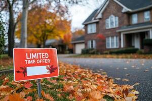 sign displaying limited time offer in front of house surrounded by autumn leaves. scene captures essence of fall with vibrant colors and welcoming atmosphere photo