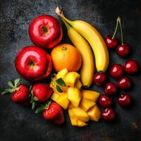 Fresh red apples, bananas, cherries, strawberries, and mangoes create vibrant fruit arrangement. This colorful display evokes sense of health and vitality photo