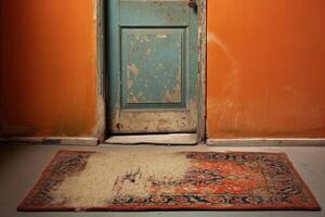Old and filthy doormat near entrance of old door. photo