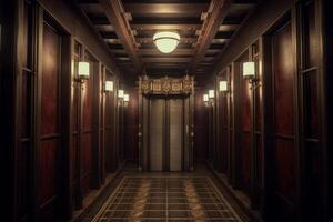 Elegant bronze elevator doors with intricate metalwork and art deco patterns. photo