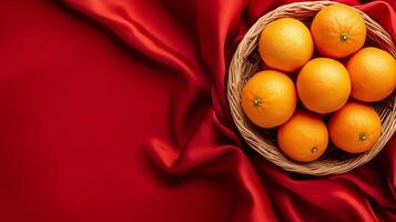 Top view of basket fresh oranges on red silk fabric Chinese lunar new year copy space background photo
