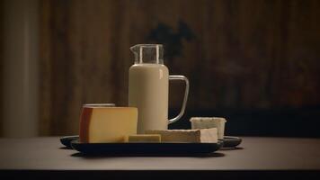A Beautiful Collection of Fresh, Artisanal Dairy Products Displayed on a Rustic Wooden Table Surface video